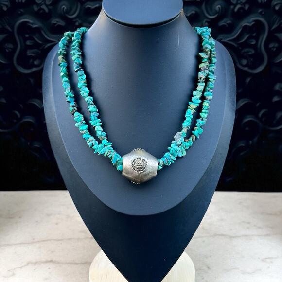 Vintage Turquoise Nugget Double Strand Necklace Silver Ethnic Tibetan Nepal - Picture 1 of 7